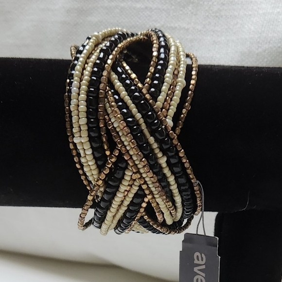 Boho Beaded Flexible Bracelet Black, Cream, and Gold Tone - Picture 1 of 7
